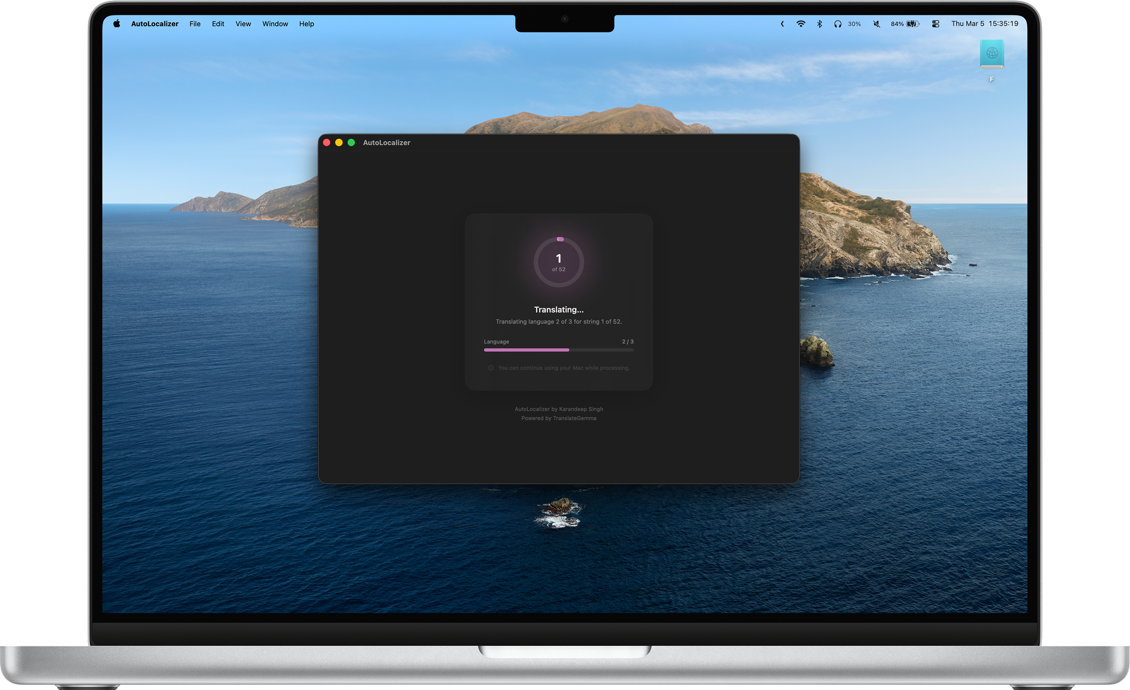 AutoLocalizer app showing translation in progress